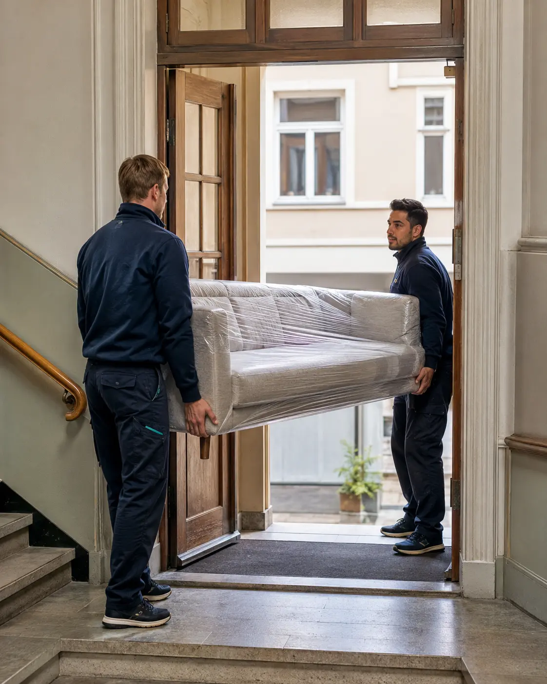 AI-genererad illustrationsbild av en privatflytt genom en port i Stockholm